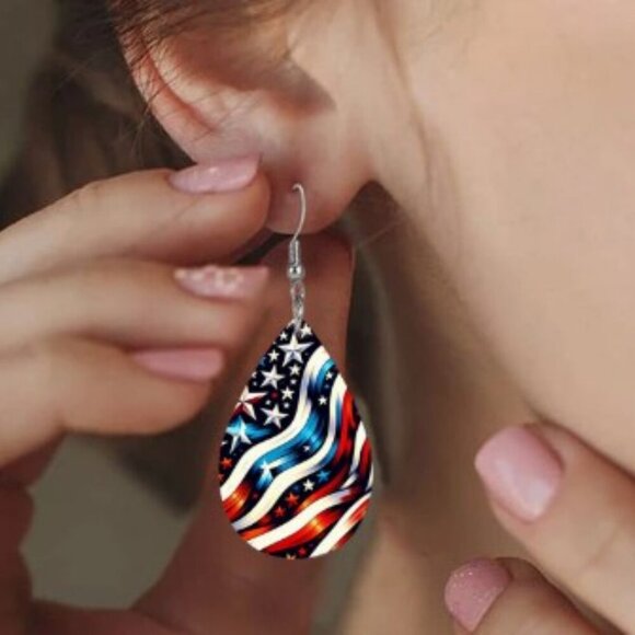 Red And Blue Five-Pointed Star Flag Pattern Leather Earrings Independence Day - Picture 3 of 5